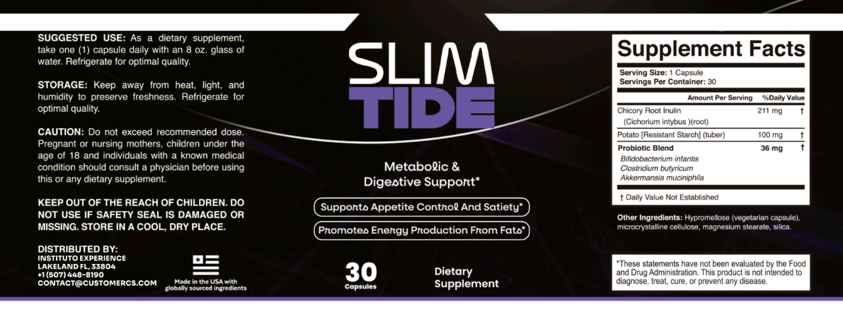 SlimTide supplement label – prebiotics and probiotics